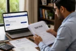 एक व्यक्ति लैपटॉप पर ऑनलाइन आयकर रिटर्न (ITR) भरते हुए और साथ में टैक्स दस्तावेज देखते हुए।