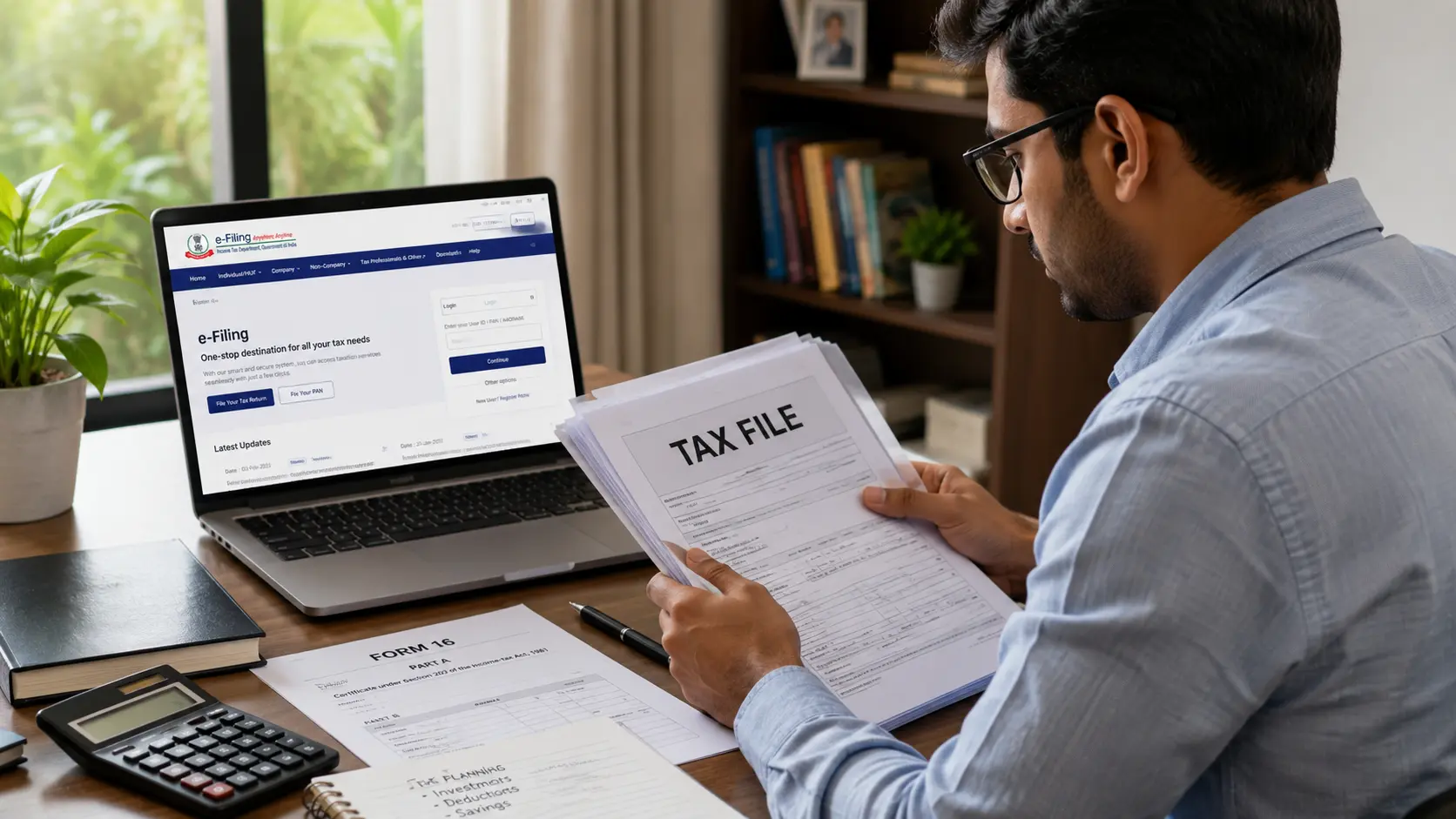 एक व्यक्ति लैपटॉप पर ऑनलाइन आयकर रिटर्न (ITR) भरते हुए और साथ में टैक्स दस्तावेज देखते हुए।