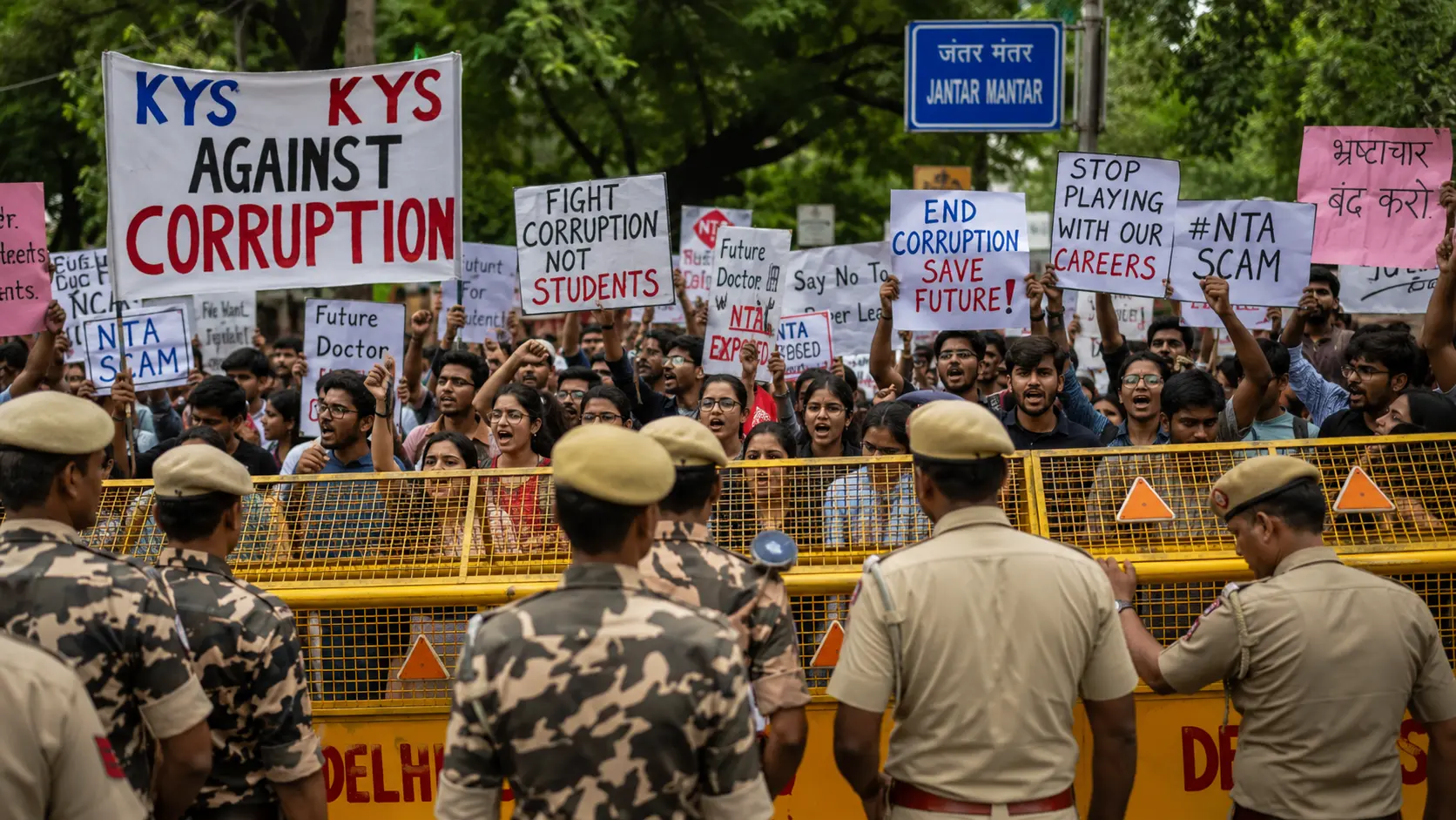 नई दिल्ली के जंतर-मंतर पर पेपर लीक के खिलाफ प्रदर्शन करते हुए छात्र और पुलिस की बैरिकेडिंग।